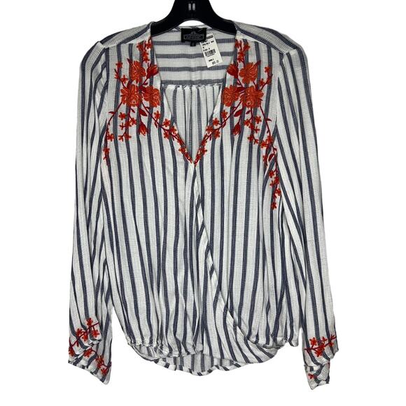 Angie Women's Striped Ivory Blue Embroidered Boho Top Long Sleeve Size S NWT - Picture 1 of 11
